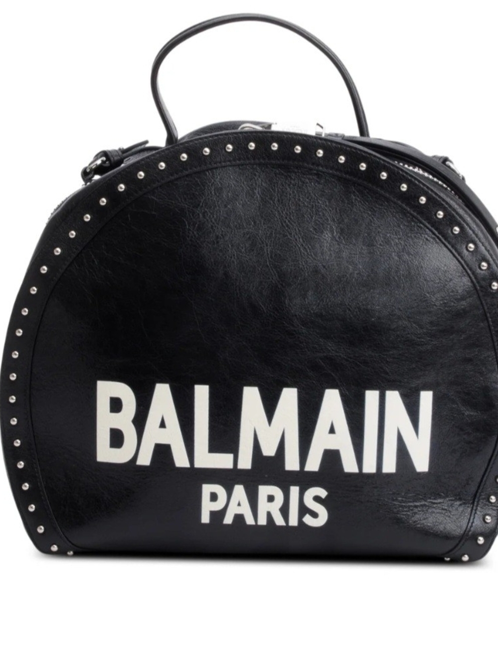 Balmain Black Leather Dome Mini Bag with White Logo and Stud Trim